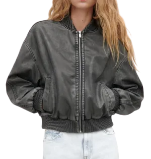 Womens Zuri Genuine Lambskin Leather Bomber Jacket