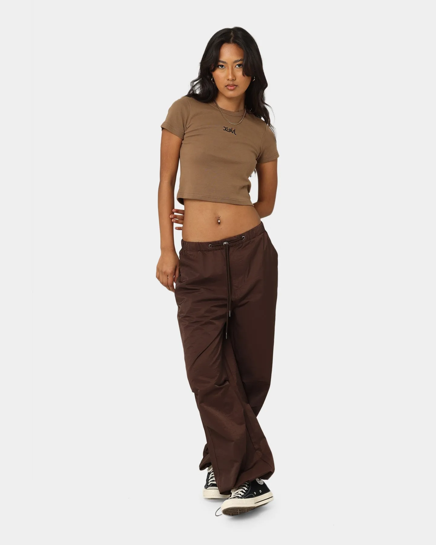 X-Girl Women's Mills Logo Baby T-Shirt Brown