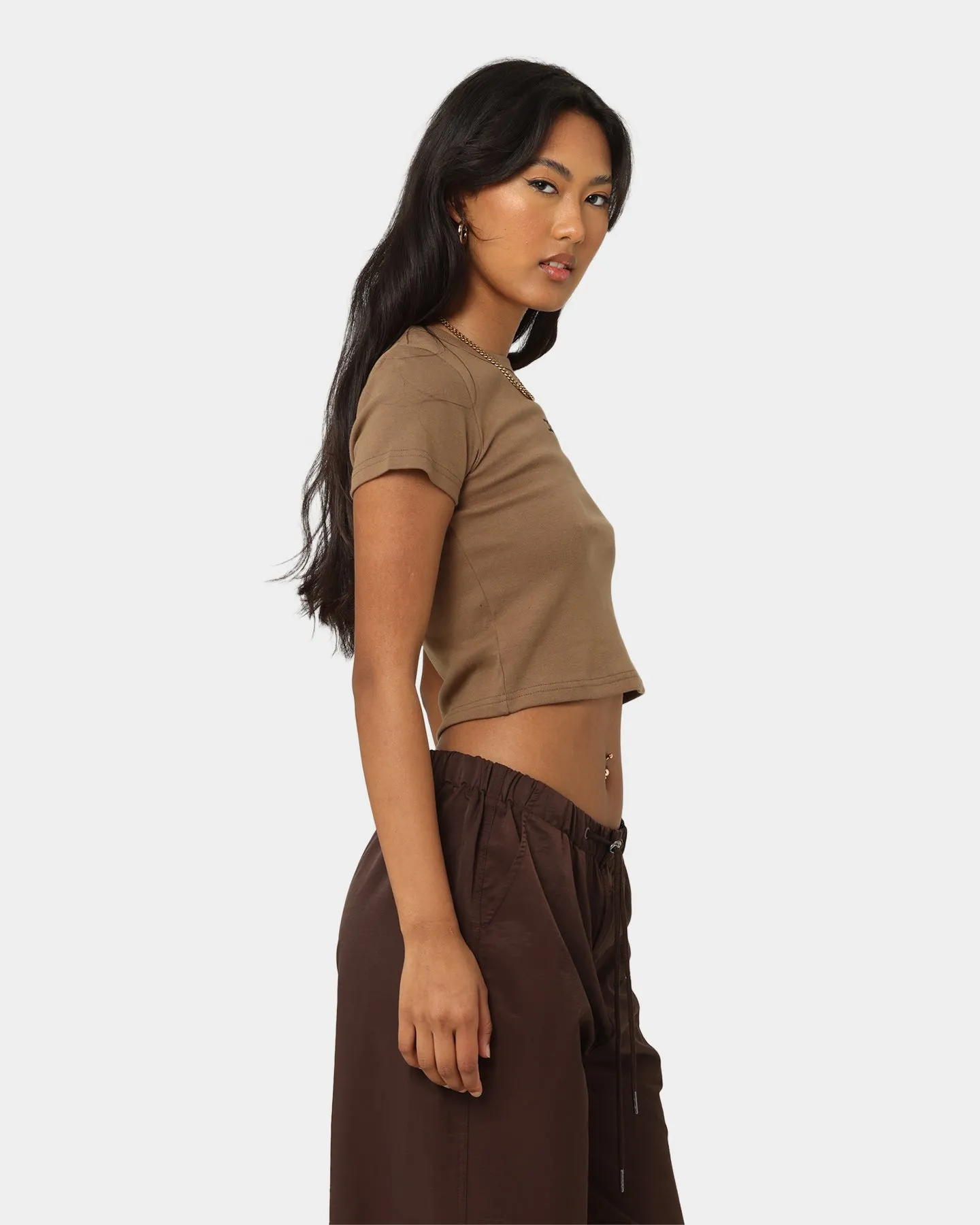 X-Girl Women's Mills Logo Baby T-Shirt Brown