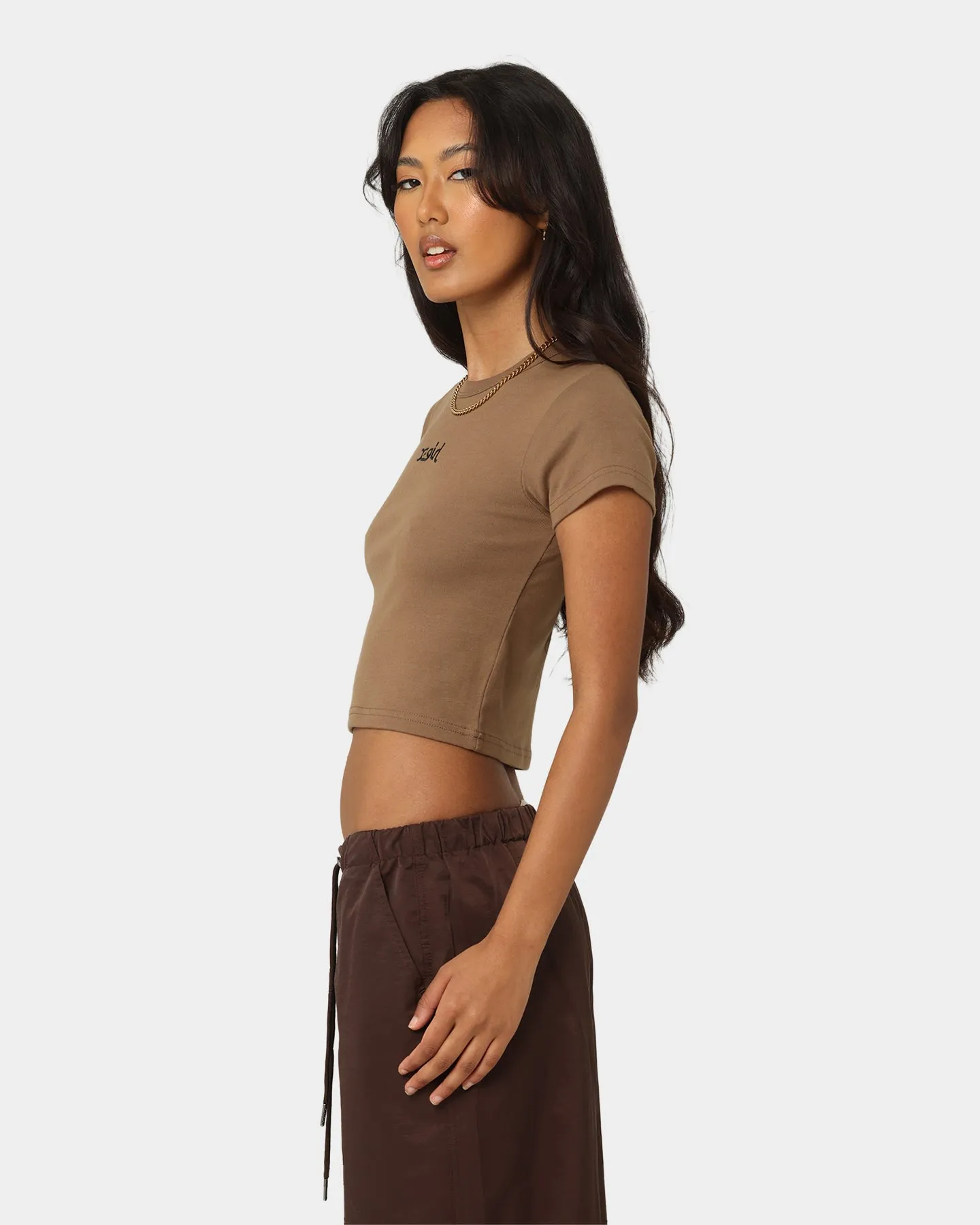 X-Girl Women's Mills Logo Baby T-Shirt Brown