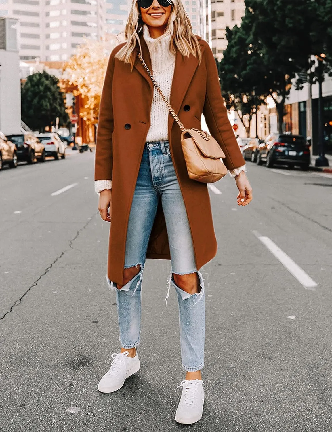 Yidarer Women's Wool Coat Mid-Long Notch Lapel Single Breasted Casual Trench Coats