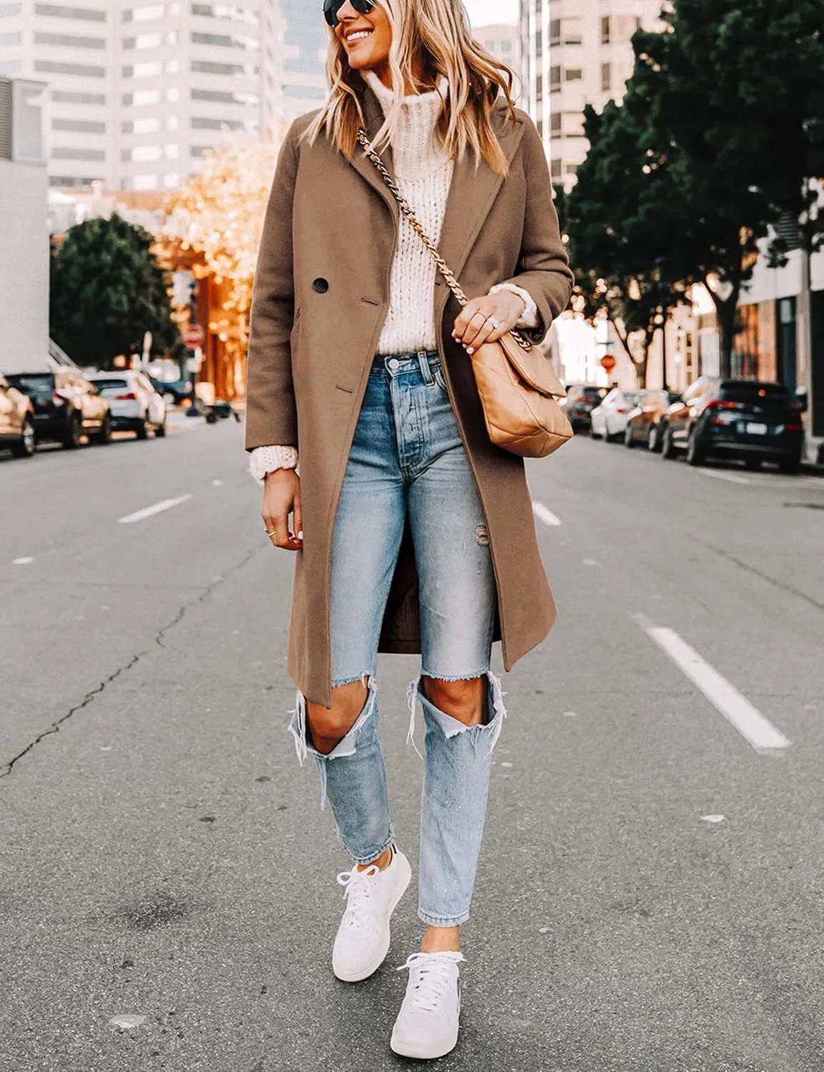 Yidarer Women's Wool Coat Mid-Long Notch Lapel Single Breasted Casual Trench Coats