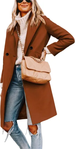 Yidarer Women's Wool Coat Mid-Long Notch Lapel Single Breasted Casual Trench Coats
